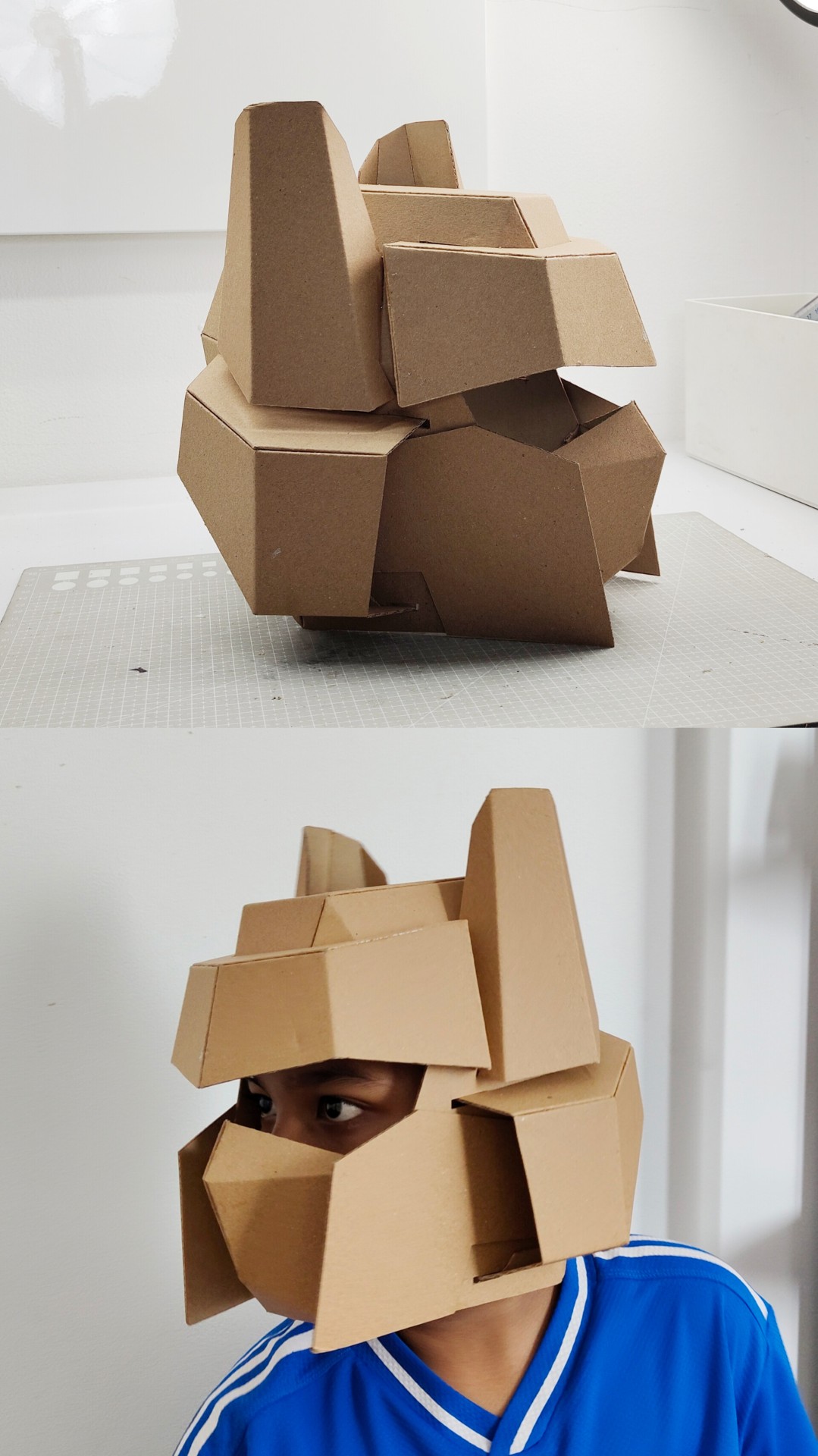 helm robot model Transformer Optimus Prime dari kardus