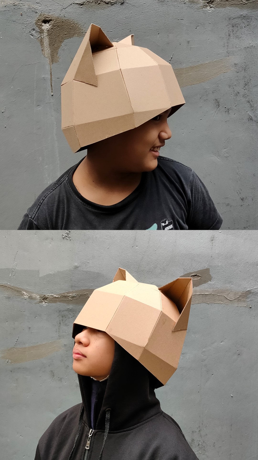 Topi bulat lucu dengan telinga kucing dari kardus